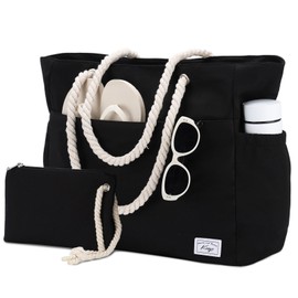 Kasqo - Bolsa de playa para mujer, grande, resistente al agua, resistente a la arena, con cierre, para gimnasio, compras de comestibles, Negro -, Talla unica