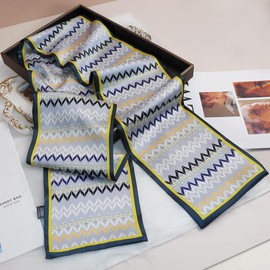 GIMIRO Satin Silk Scarf Double Layers 150 x 16 cm Tie Flowers Waist Belt for Blazer, Coat, Dress, Navy Yellow Silver Wave