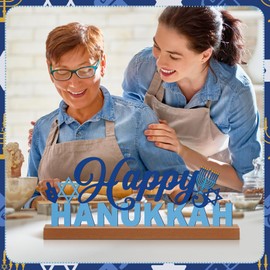 Yaocom 13.78 Inch Happy Hanukkah Table Decoration Happy Hanukkah Metal Letter Sign Star of David Freestanding Tabletop Centerpiece with Wooden Base Cutout Word Sign for Home Mantel Shelf Fireplace