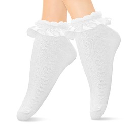Sibba Ruffle Liners Lace Ankle Socks 1 Pair Heart-shaped Frilly Crew Elastic Cotton Sock Princess Fairy Goth Cuffs Lovely Dress for Lady Girls Schoolgirl Clothing Costume Solid Color (White)