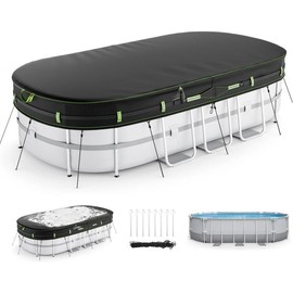16 Ft Round Winter Pool Cover with Reflective Strips, Swimming Pool Cover for Above Ground Pools, Solar Cover Including Rope Tie and Luminous Ground Nails, PU Tarp Snug Fit for UV Protected:_Black(Oval)_15 x30 FT-Oval Pool Cover