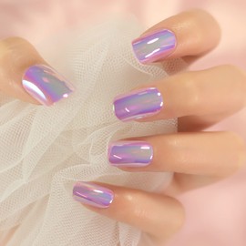 Metal Chrome Soft Purple Pink Press on Nails Short | Coolnail Metallic Mirror Punk Design False Nails with Jelly Glue Pad, Reusable Acrylic Fake Nails Kit for Women, 24PCS Full Cover Stick on Nails
