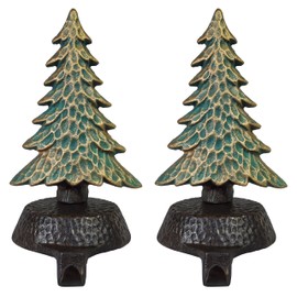 Lulu Decor Cast Iron Christmas Stocking Holders for Mantle, with a Hammered Finish, Green with Gold Touch, Weighted Sturdy Tree Hooks Hangers for Holiday Decoration (Set of 2)