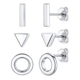 ChicSilver Sterling Silver Small Stud Earrings for Women Pack of 3 White Gold Plated Minimalist Geometric Triangle/Bar/Circle Earrings for Women Hypoallergenic Studs
