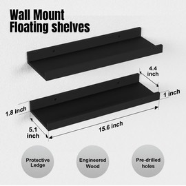 Boswillon Floating Shelves Wall Mounted Set of 2, Modern Black Wall Shelves for Storage with Lip, Display Picture Ledge Shelf for Wall Decor Bedroom Living Room Bathroom Kitchen