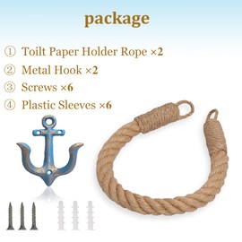 2 Pcs Nautical Rope Toilet Paper Holder Wall-Mounted Towel Ring Nautical Toilet Paper Holder with Metal Hooks Coastal Towel Rack Natural Antique Rope(Blue+Blue)