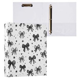 Bow White Black Coquette Round Ring Binders 1.5 Inch Bowknot Doodle Pattern 3 Ring Clipboard Binder for Office School Work Supplies File Folder Document 200 Sheet Capacity Easy Open