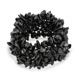 Black Onyx Chip Stone Wide Chunky Cluster Multi Strand Stretch Statement Bracelet for Women