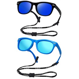 COOLSOME Kids Flexible Polarized Sunglasses for Boys Girls Age 3-10 with Straps (mirrored blue pack of 2)