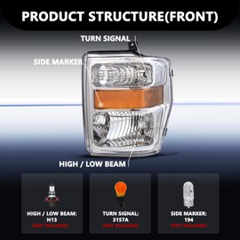 Aosky Headlight Assembly Compatible with 2008 2009 2010 F250 F350 F450 F550 Super Duty (Chrome Housing with Amber Reflector)