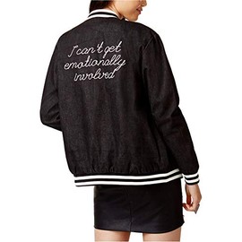 MP|D Women's Embroidered Denim Striped Varsity Slogan Jacket Black Size S