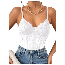 Milumia Women's Floral Lace Sheer Mesh Corset Bodysuit Spaghetti Strap Cami Top All White X-Large