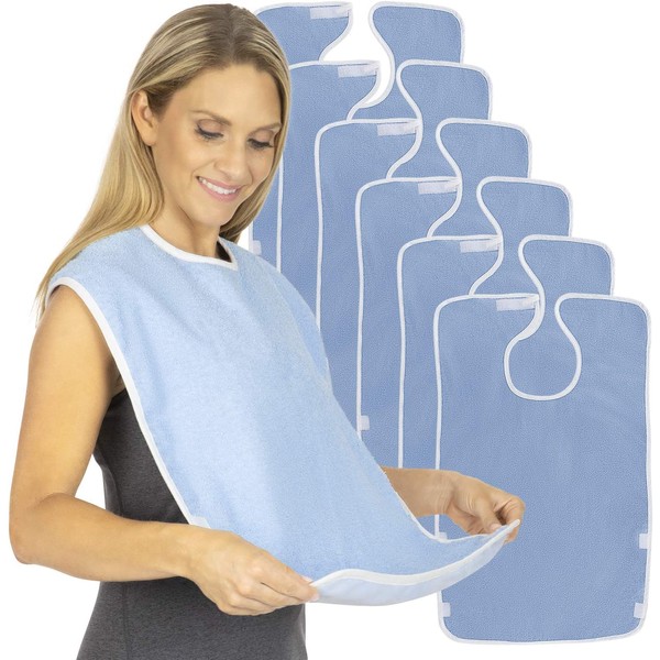Vive Adult Bibs (6 Pack) - Waterproof Apron Set for Men, Women for Eating with Adjustable Strap - Washable Reusable Large Terry Cloth for Elderly, Seniors and Disabled - Extra Long Clothing Protector