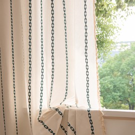 Sutuo Home Boho Curtains for Bedroom Living Room 90 Inches Long,Bohemian Curtain,Light Filtering Country Rustic Semi Blackout Farmhouse Drape Rod Pocket, 1 Panel W52 x L90,White and Hunter Green