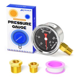 MEANLIN MEASURE 0~100Psi Stainless Steel 1/8" NPT 1.5" FACE DIAL, Glycerin Filled Pressure Gauge, Liquid Filled, Lower Mount(Black) with 1/4" NPT and 3/8" NPT Hex Bushing