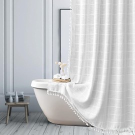 ggaimwf Striped Farmhouse White Shower Curtain Boho Linen Fabric Shower Curtains for Bathroom, Tall Country Neutral Thick Bathroom Curtain Set with Tassel - Bohemian Cloth Shower Curtain 72x78 Inch