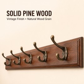 Solid Wood Coat Rack for Entryway Storage – 48cm Vintage Pine Wall-Mounted 5-Hook Hanger for Coats, Hats & Bags