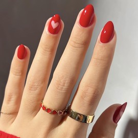 Red Valentines Press on Nails Almond Shaped Fake Nails Glossy Red Heart Design Glue on Nails Valentines Acrylic False Nail Kits Cute Heart Artificial Nails Stick on Nails for Women Manicure DIY