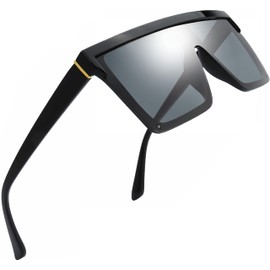 The Fresh Flat Top Square One Piece Sunglasses Sunnies Shades Goggle Siamese Lens (735801 Shiny Black, Grey)