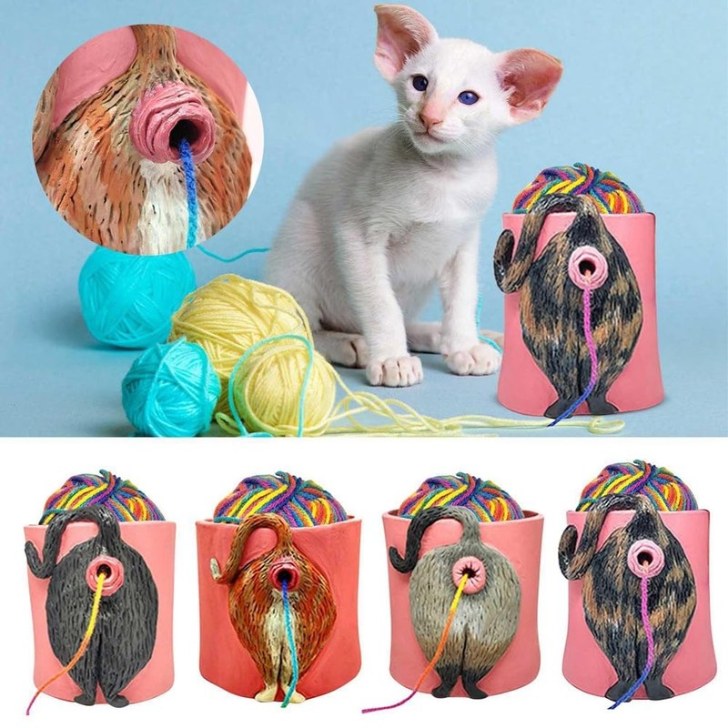 Cat Yarn Bowl Artwork Yarn Holder Dispenser with Hole, Knitting