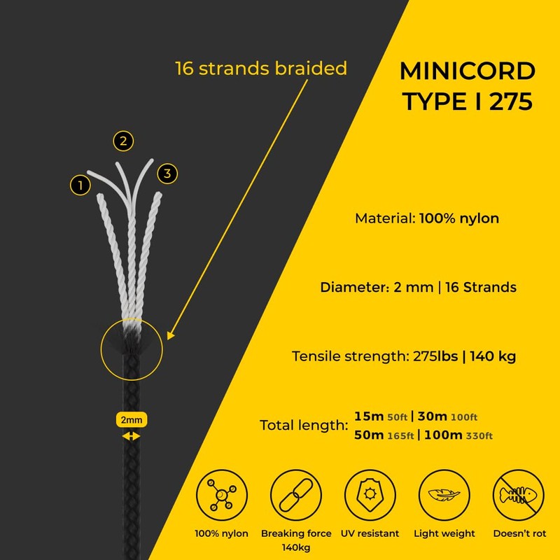 EdcX 2mm Nylon Paracord 275 (50 and 100m) - 100%