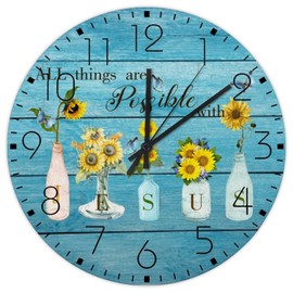 Autravelco Silent Wall Clock Non-Ticking Quartz All Things are Possible with Jesus Country Wall Clocks Scripture Floral Print Christian Gifts Coffee Decor for Entryway Office Above Fireplace 12"