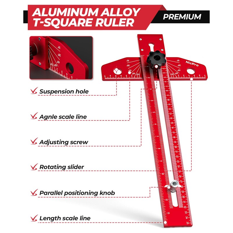 Nicpro Woodworking Scriber Marking Line Ruler, Adjustable Aluminum Alloy Sliding