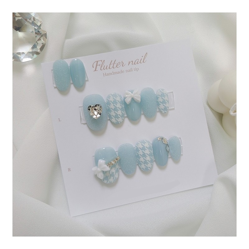 Mint Lovely Hound Check Handmade Nail Tips - Short Ballet