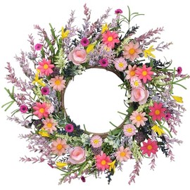 21.7Inch Spring Wreaths for Front Door Wildflower Wreath Easter Wreath Colorful Door Wreaths with Rose Daisies Lavender for Easter Decorations Home Wall Springtime Wedding Farmhous Outdoor Decor Pink