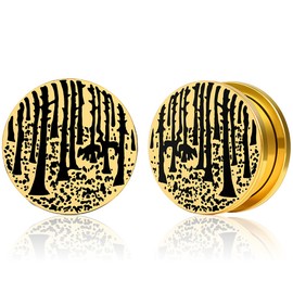 Maxbott 2PCS Trees Design Round Ear Tunnels Plugs Piercing Gauges 316 Stainless Steel Saddle for Women Men Earrings (8mm(0G), Gold)