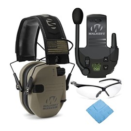 Walker’s Razor Slim Electronic Shooting Muff (FDE Patriot Version) with Walkie Talkie, Shooting Glasses, and Cleaning Cloth Bundle (4 Items)