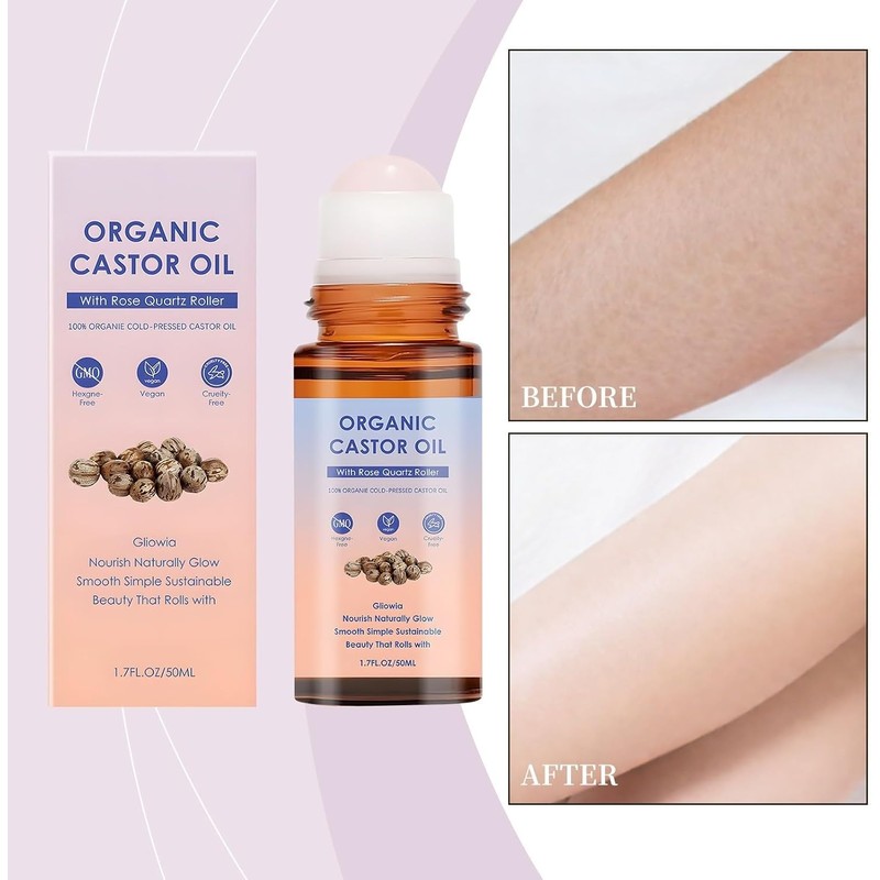 Organic Castor Oil with Rose Quartz Roller, Deep Hydration Skin
