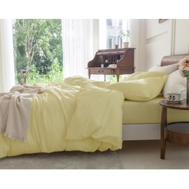 FOSSA Duvet Cover Set 100% Washed Cotton Linen Feel Super Soft Breathable Cozy 3 Pieces Bedding Sets Solid Light Yellow Oversized King