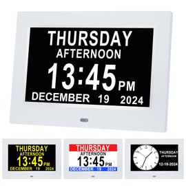 Johnziny Digital Day Clock 7 Inch,Calendar Clock,Dementia Clocks for Seniors, Clock with Day and Date for Elderly,12 Alarms Option,Auto Dimmable,Large Number Digital Clock with Large Display,(White)