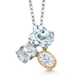 925 Silver and 10K Yellow Gold Sky Blue Aquamarine White Topaz and White Moissanite Pendant Necklace For Women (2.70 Cttw, Oval 8X6MM, 7X5MM and 6X4MM, Gemstone March Birthstone, with 18 Inch Chain)