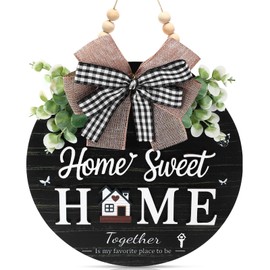 Welcome Sign for Front Door, Wooden Home Sweet Home Decor Outdoor, 3D Farmhouse Hanging Door Wreath with Artificial Greenery, Porch Welcome Sign Hanger All Year Round (Black)