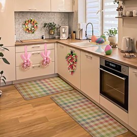 Easter Kitchen Mats for Floor 2 Piece Set, Spring Kitchen Rugs Non Slip Washable, Buffalo Check Style Kitchen Decor Farmhouse 17x29 and 17x47 Inch DM198