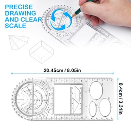 Vicloon Geometric Ruler, Multifunctional Geometric Ruler, Transparent Mathematics Drawing Ruler, Design Ruler, Drawing Template for Geometric Drawing, Measuring Instruments for School, Office