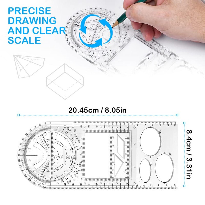 Vicloon Geometric Ruler, Multifunctional Geometric Ruler, Transparent Mathematics Drawing Ruler,