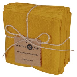 Native Fab Waffle - Paquete de 12 paños de cocina de algodón de 12 x 12 pulgadas, absorbentes, lavables, toallas de cocina, toallas de limpieza de restaurantes, toallas de bar, trapos para el hogar, barras de cocina, amarillo mostaza