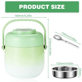 PORFOYO Thermal Food Container, 1500 ml, Stainless Steel Food Warming Container, Thermal Lunch Box with Foldable Spoon, Food Container for Picnics, Schools and Offices, Colour Gradient Green