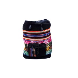 Mini Multicolored Peruvian Tribal Print Striped Pattern Lightweight Drawstring Backpack - Handmade Bags Boho Accessories (Black)