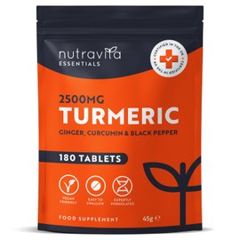 Nutravita Turmeric Tablets 2500mg with Black Pepper, Ginger & Curcumin - 180 High Strength Tumeric Supplements (3 Month Supply) - Vegan - Alternative to Capsules - Letterbox Friendly - Made in UK