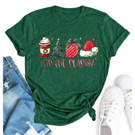 YZMI Tis The Season Christmas Tree T-Shirt Latte Coffee Xmas Gift Santa Hat Tee Tops Green XL