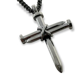Cross 3 Nails Wire Wrapped Dark Metal Finish Pendant Dark Finish Chain Necklace