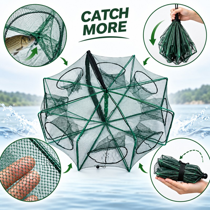 65cm 8-Hole Foldable Fishing Net for Shrimp, Crayfish & Small