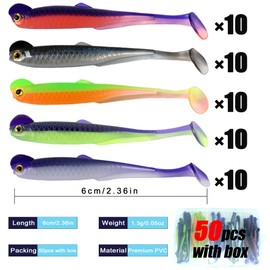 LURESMEOW Fishing Soft Plastic Lures, Paddle Tail Swim Baits for Bass Fishing,Paddle Tail Swimbaits for for Bass Trout Walleye Lures,50pcs Soft Plastic Baits with Box