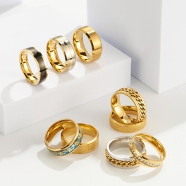 SOXEMAN 9 pieces/set men's golden/silver ring set (2 of which chain rotating rings relieve anxiety and stress) trendy and fashionable women's couple stainless steel rings