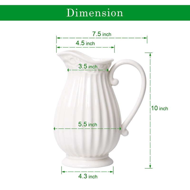 D'vine Dev 10 Inch White Ceramic Pitcher Vase for Home