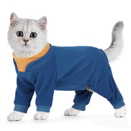 Hjumarayan Sticky Hair Cat Onesie - Cat Overgrooming Suit, Stretchy Body Suit to Stop Licking, Full Coverage Warm Fleece Jumper with Four-leg, Long Sleeve Clothes, Blue XS